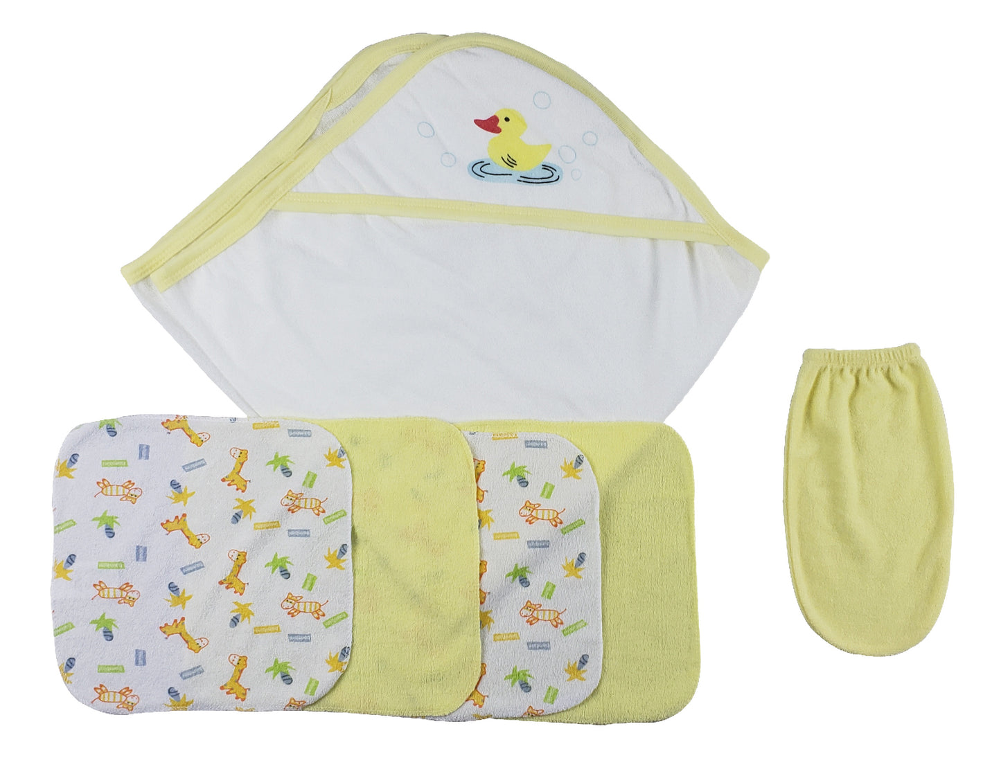 Yellow Hooded Towel, Washcloths and Hand Washcloth Mitt - 6 pc Set CS_0012